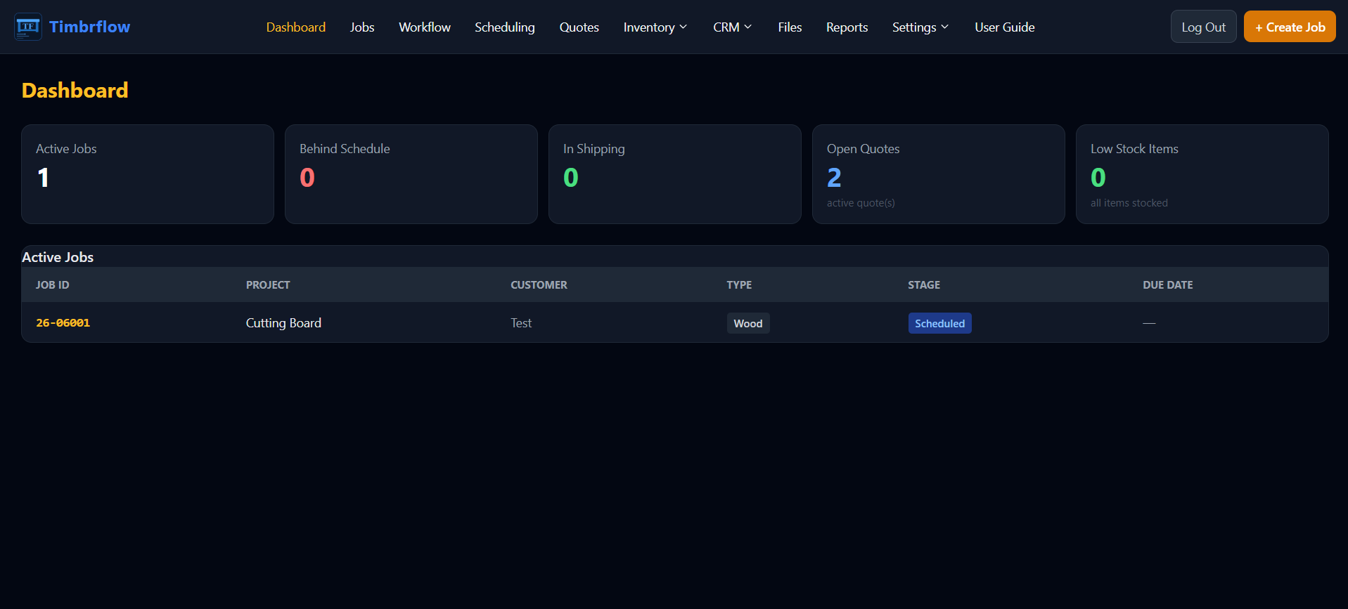 Timbrflow dashboard showing active jobs, open quotes, and low stock alerts