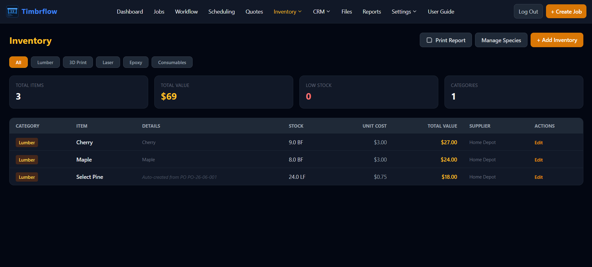 Inventory page showing lumber stock, unit cost, and total value