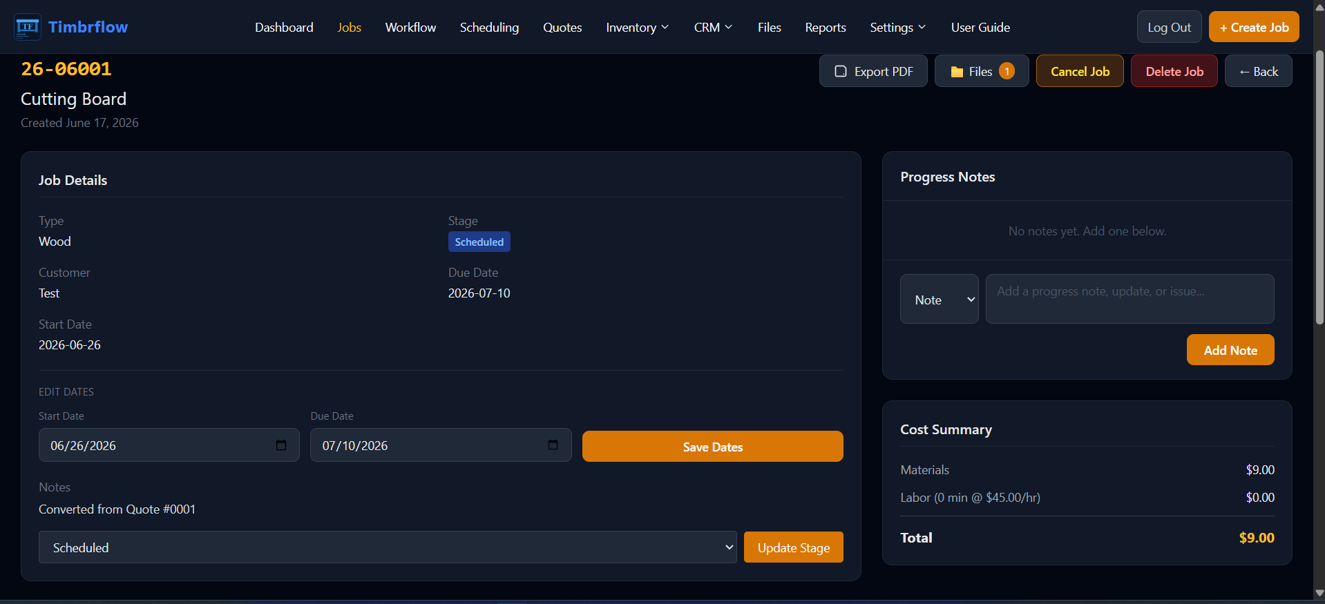 Job detail page showing materials, cost summary, and progress notes