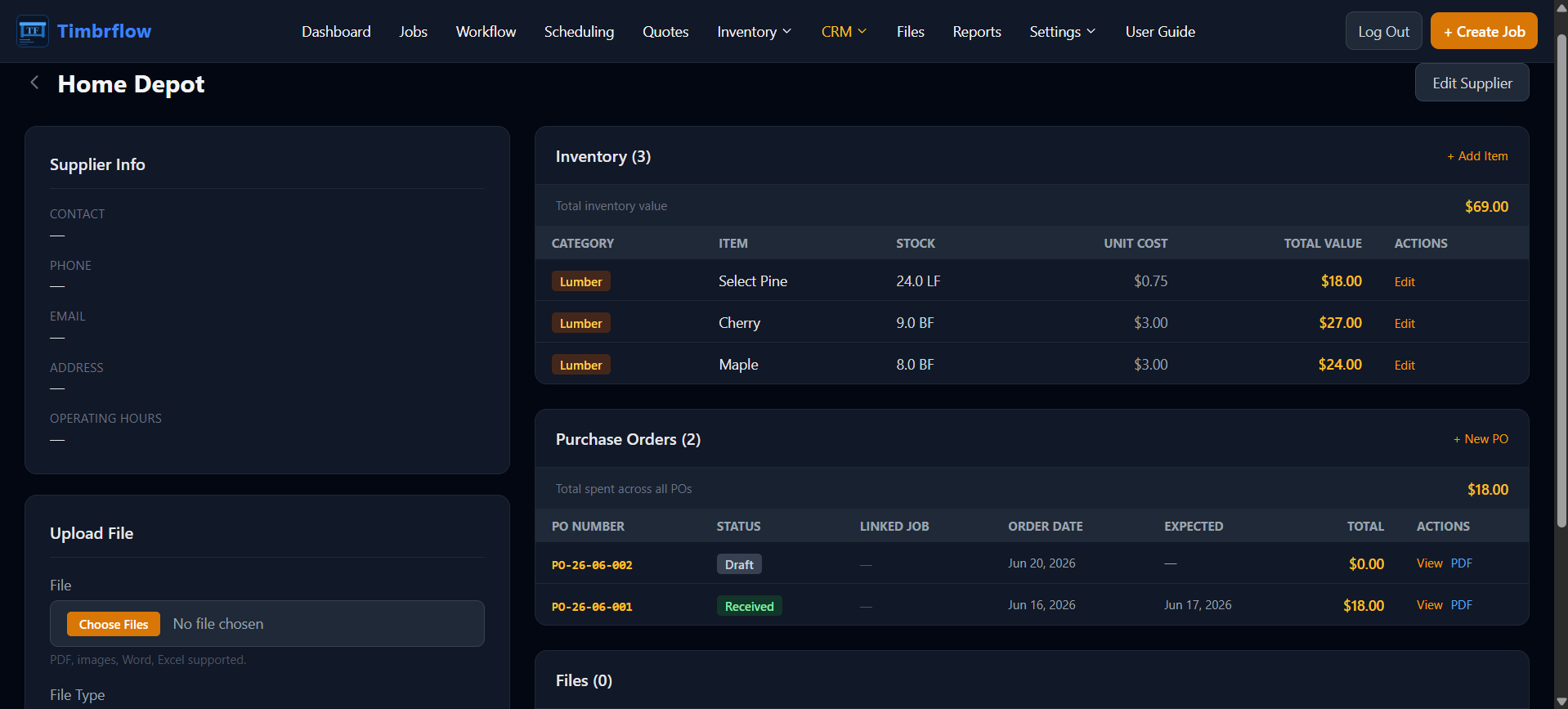 Supplier detail page showing linked inventory and purchase orders